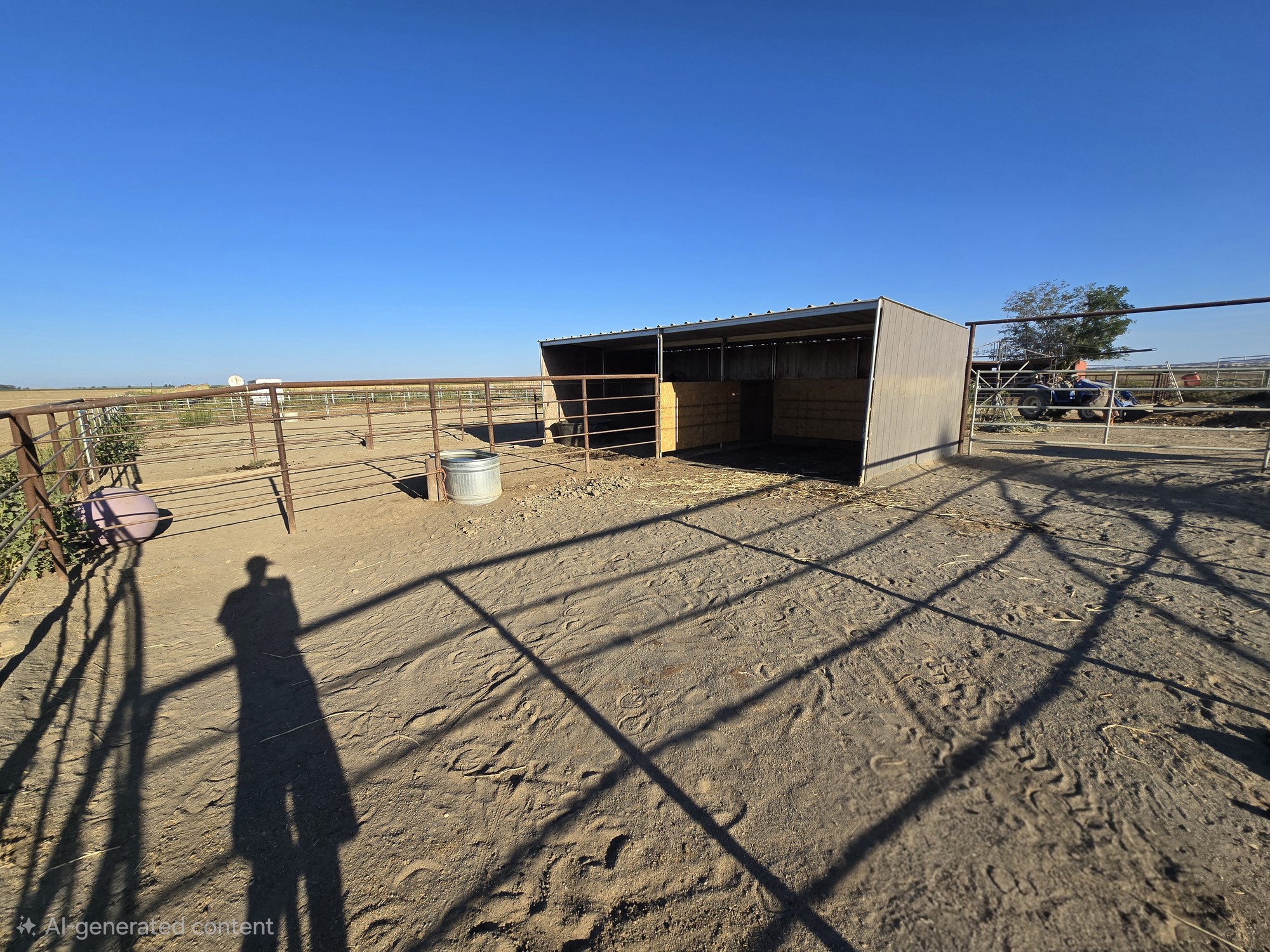 Outside stalls at Triple C Ranch: pipe-panel runs with covered shelters